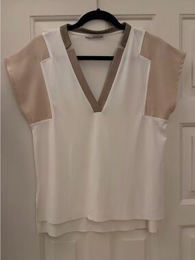Zara White Blouse with Beige Trim